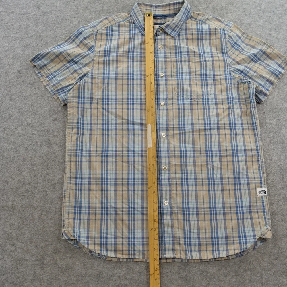 The North Face Shirt Mens Large Blue beige Plaid Short Sleeve Button Up Hiking